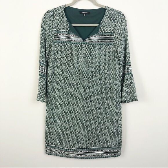 MADEWELL | Green Silk Printed Long Bell Sleeve Mini Dress Women’s Size XX-Small - Picture 2 of 8